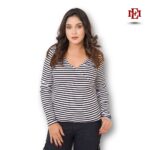 Esmore Women’s V-Neck Long Sleeve Top | Black & White Stripes