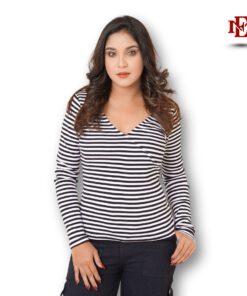 V-Neck Long Sleeve Top | Black & White Stripes