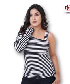 Strap Shoulder Long Sleeve Top | Black & White Stripes