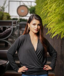 Cross Wrap Long Sleeve Top | Charcoal black