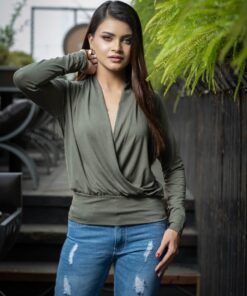 Cross Wrap Long Sleeve Top | Olive Green