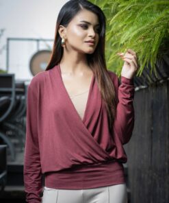 Cross Wrap Long Sleeve Top | Wine Red