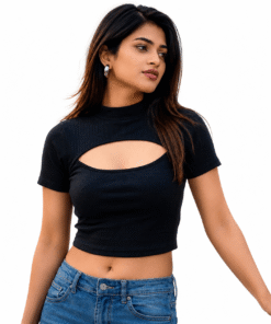 Cutout Mock Neck Rib Top – Black